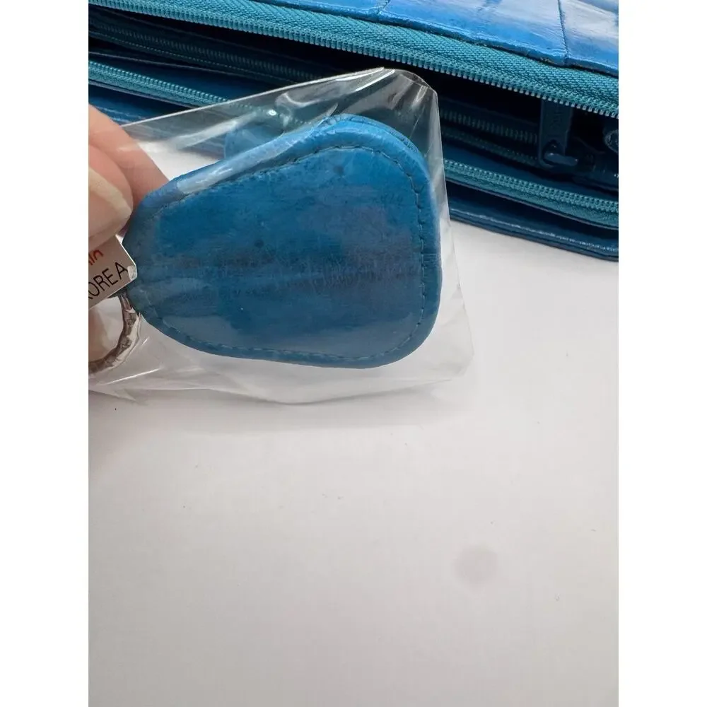 Eel Skin Leather Wallet Turquoise Blue Organizer Clutch + Keychain Vintage Teal - Picture 14 of 15